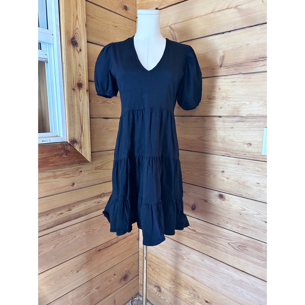 Tiered Mini Dress Womens Extra Small Black Puff Sleeve Babydoll RD Style Ransom